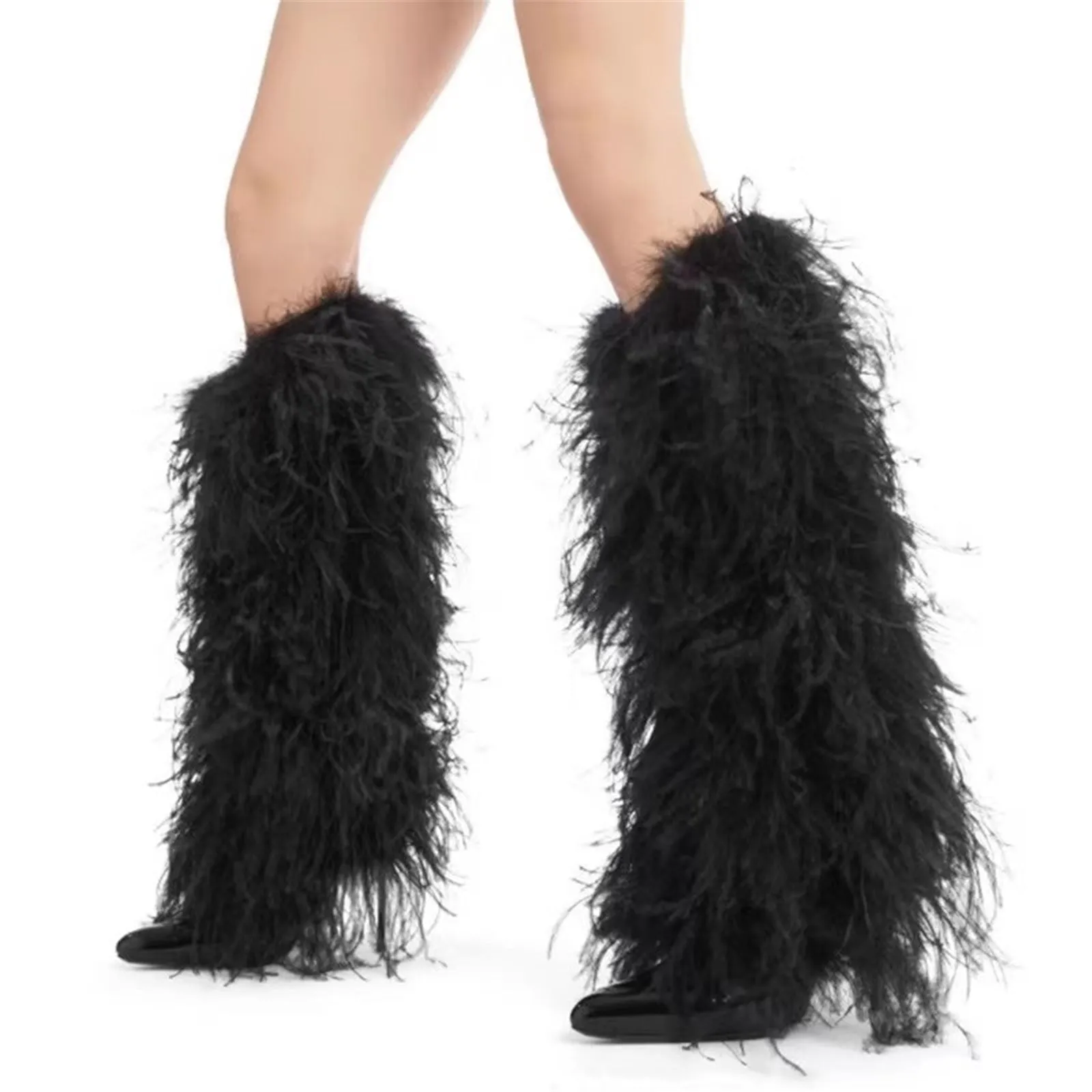 Women's Colorful High Heels Over The Knee Boot With Fluffy Real Mongolian Sheep Fur  Fashion Beautiful Long Boots