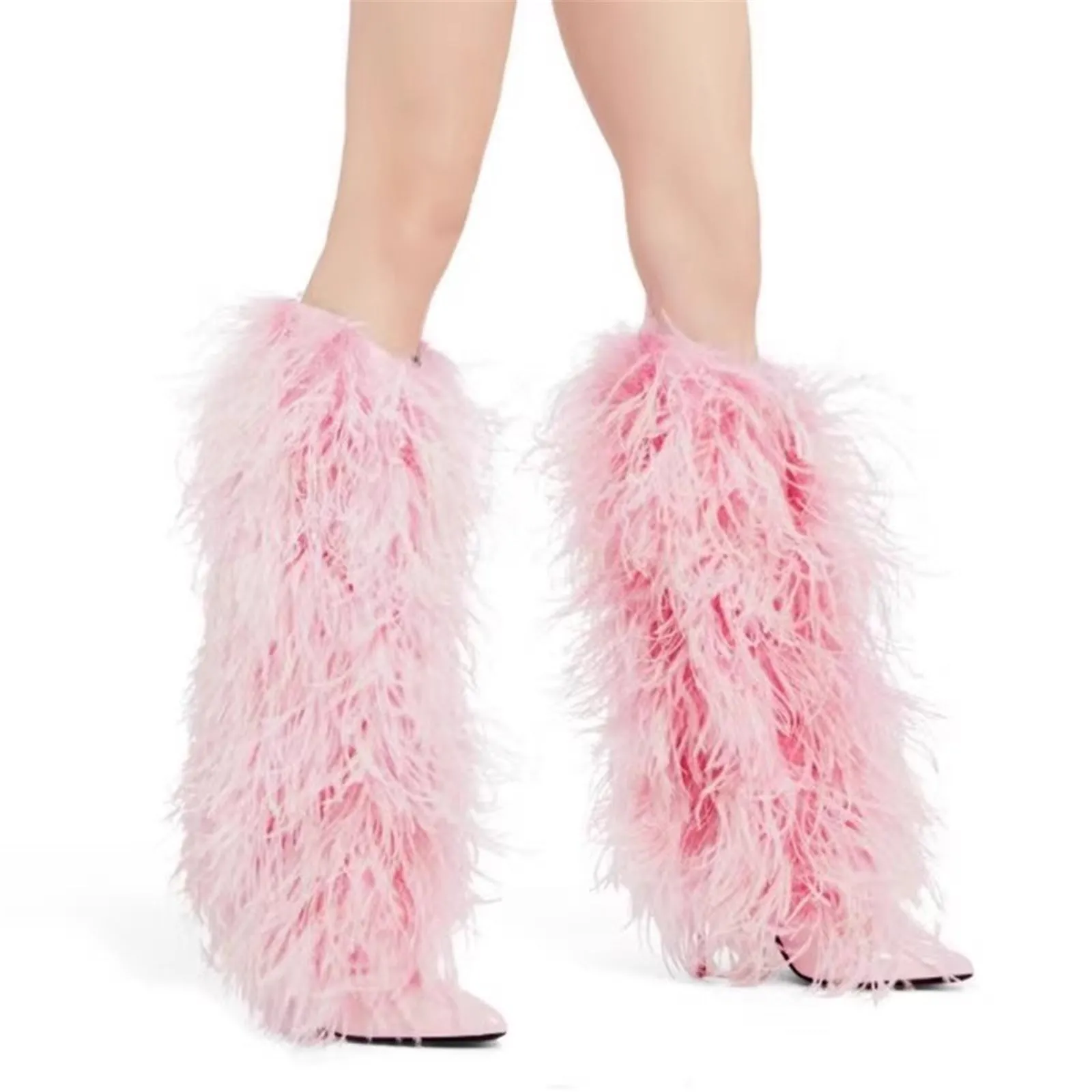 Women's Colorful High Heels Over The Knee Boot With Fluffy Real Mongolian Sheep Fur  Fashion Beautiful Long Boots