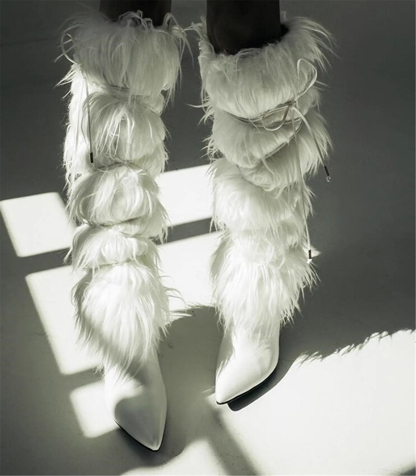 Women's Solid Color Fluffy High Heels Over The Knee Boot With Furry Real Mongolian Sheep Fur Pointed Fashion Long Boots