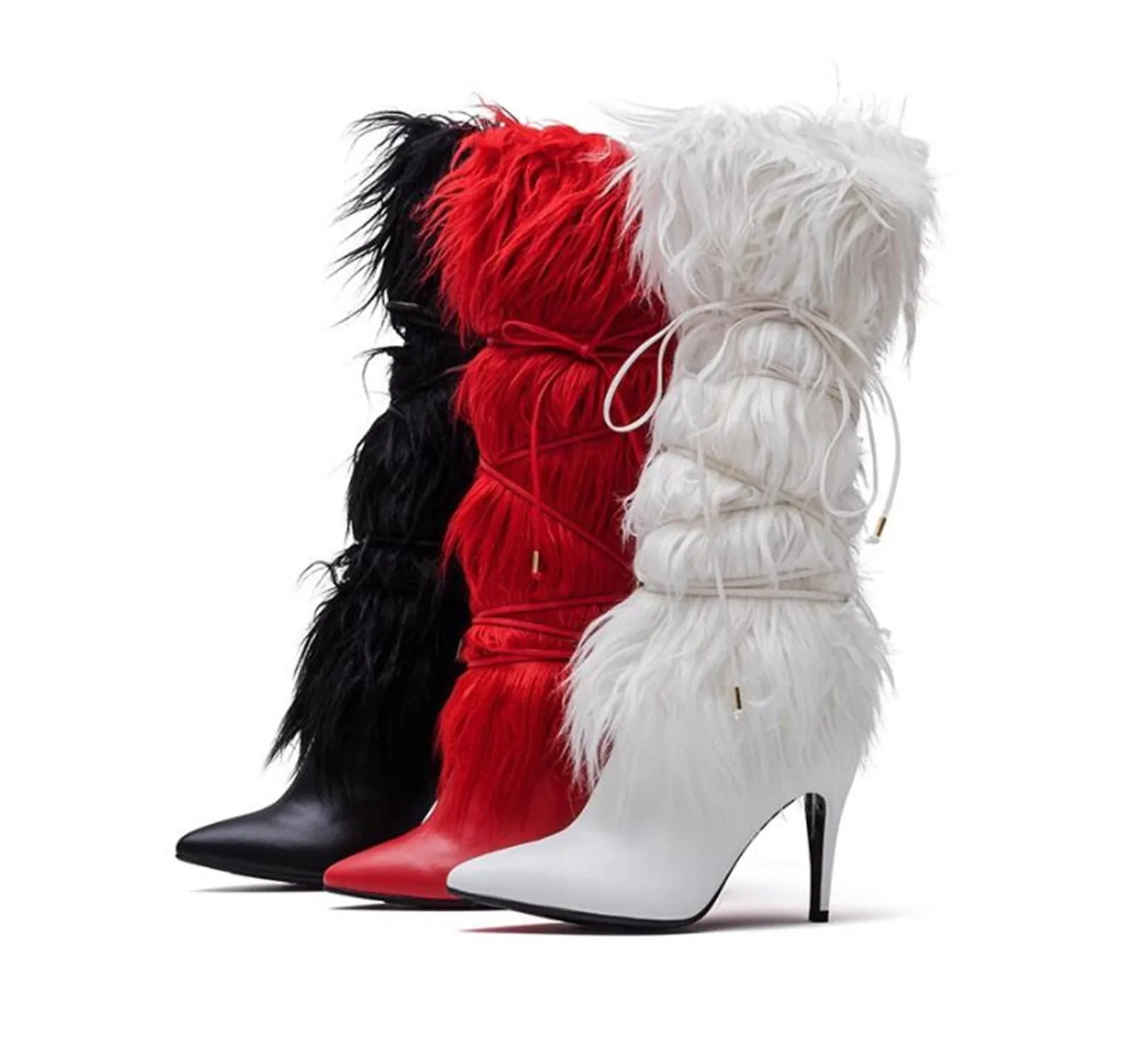 Women's Solid Color Fluffy High Heels Over The Knee Boot With Furry Real Mongolian Sheep Fur Pointed Fashion Long Boots