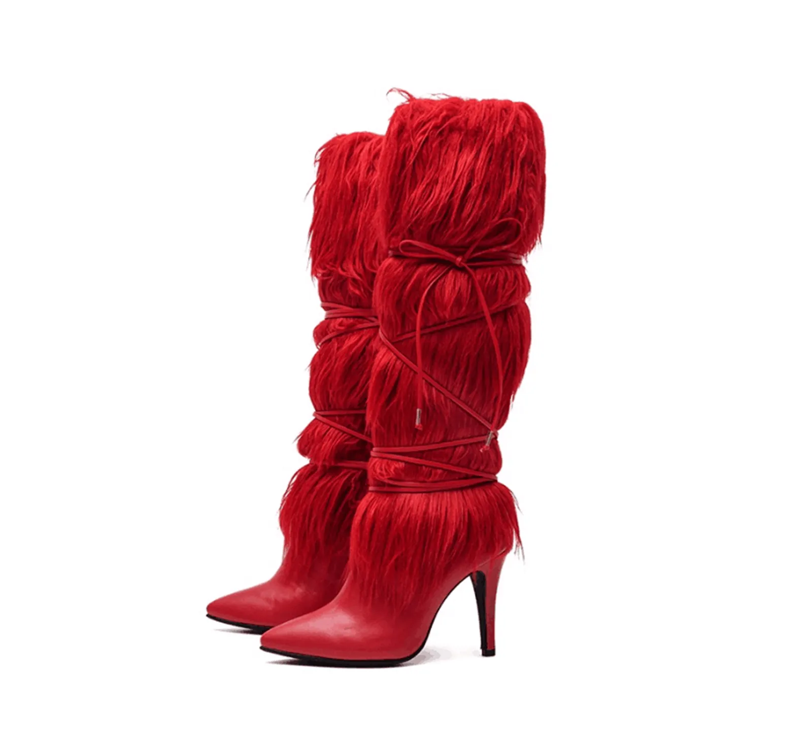 Women's Solid Color Fluffy High Heels Over The Knee Boot With Furry Real Mongolian Sheep Fur Pointed Fashion Long Boots